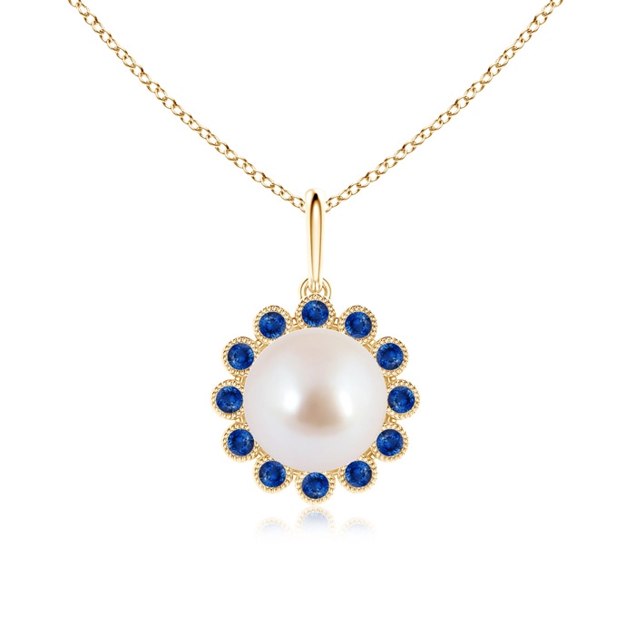 8mm AAA Japanese Akoya Pearl and Sapphire Halo Pendant with Milgrain in 9K Yellow Gold 