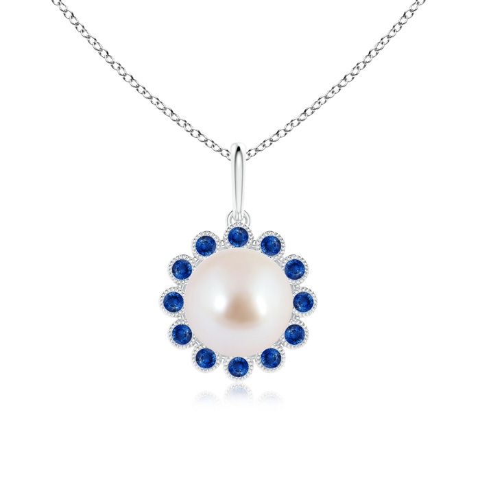 8mm AAA Japanese Akoya Pearl and Sapphire Halo Pendant with Milgrain in White Gold