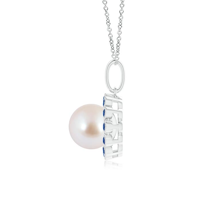 8mm AAA Japanese Akoya Pearl and Sapphire Halo Pendant with Milgrain in White Gold - side 1