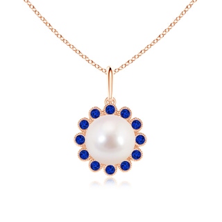 8mm AAAA Japanese Akoya Pearl and Sapphire Halo Pendant with Milgrain in 9K Rose Gold