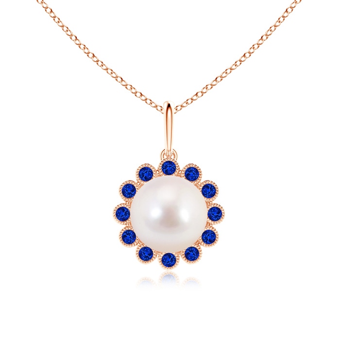 8mm AAAA Japanese Akoya Pearl and Sapphire Halo Pendant with Milgrain in Rose Gold