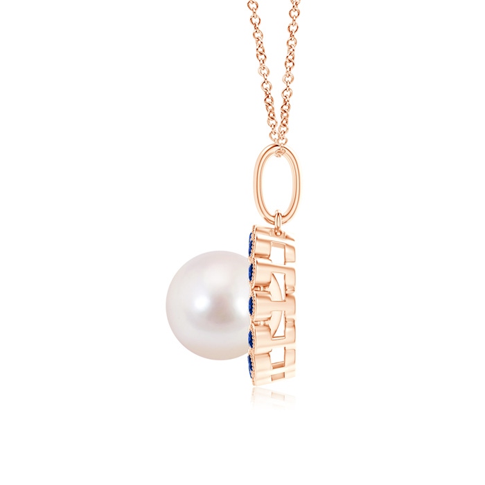 8mm AAAA Japanese Akoya Pearl and Sapphire Halo Pendant with Milgrain in Rose Gold Product Image