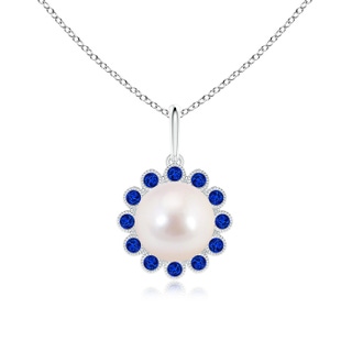 8mm AAAA Japanese Akoya Pearl and Sapphire Halo Pendant with Milgrain in S999 Silver