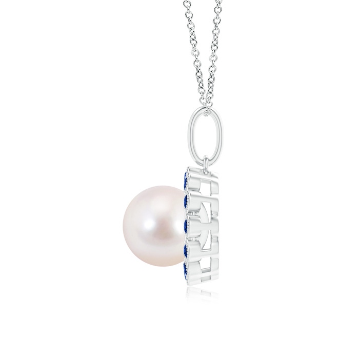 8mm AAAA Japanese Akoya Pearl and Sapphire Halo Pendant with Milgrain in S999 Silver Product Image