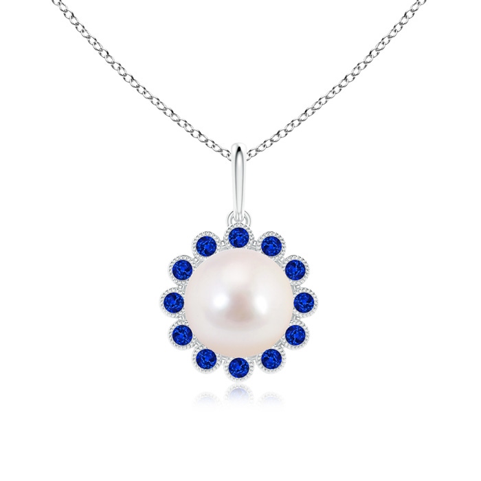 8mm AAAA Japanese Akoya Pearl and Sapphire Halo Pendant with Milgrain in White Gold