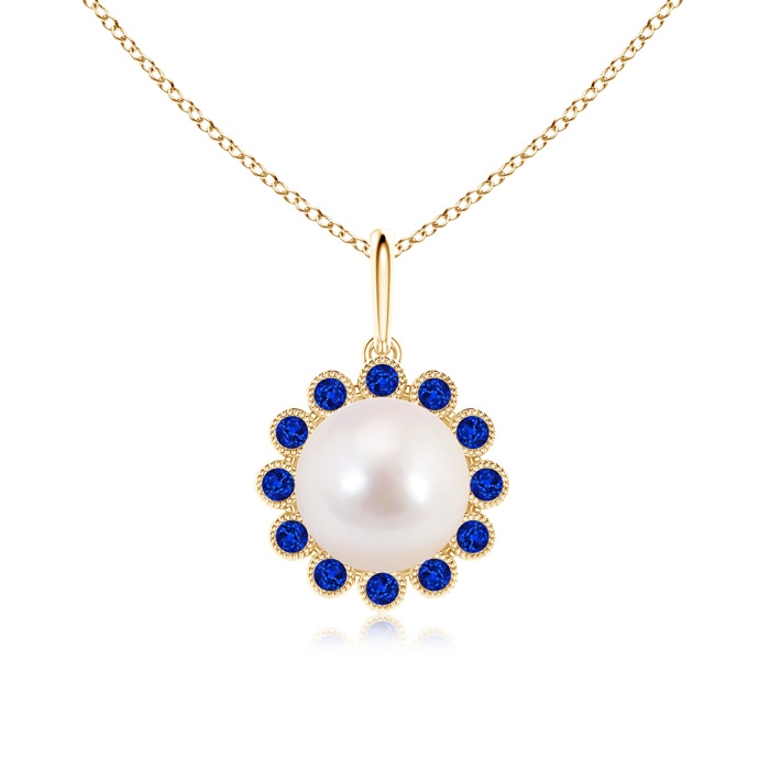 8mm AAAA Japanese Akoya Pearl and Sapphire Halo Pendant with Milgrain in Yellow Gold 