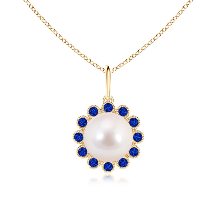 8mm AAAA Japanese Akoya Pearl and Sapphire Halo Pendant with Milgrain in Yellow Gold