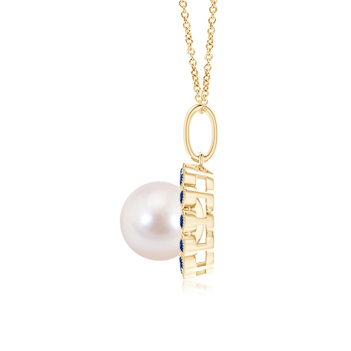 8mm AAAA Japanese Akoya Pearl and Sapphire Halo Pendant with Milgrain in Yellow Gold product image