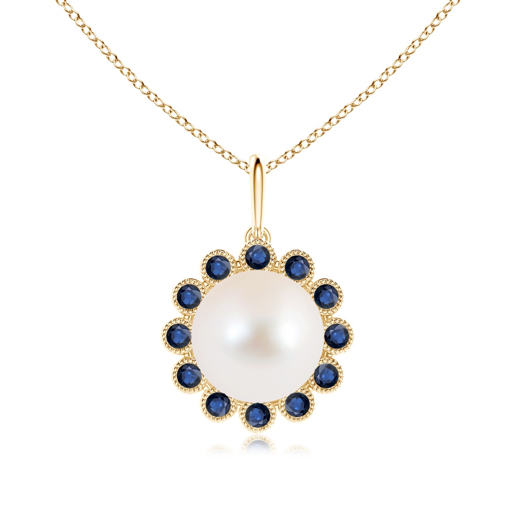 9mm AAA Freshwater Cultured Pearl and Sapphire Halo Pendant in Yellow Gold