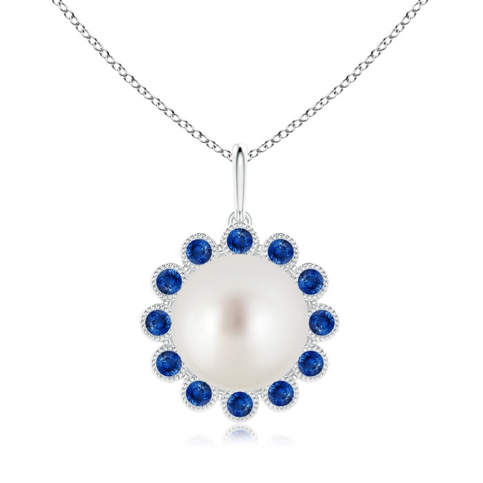 10mm AAA South Sea Pearl and Sapphire Halo Pendant in White Gold