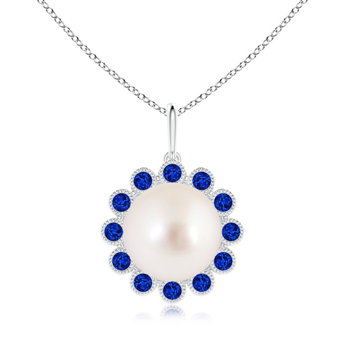 10mm AAAA South Sea Pearl and Sapphire Halo Pendant in S999 Silver