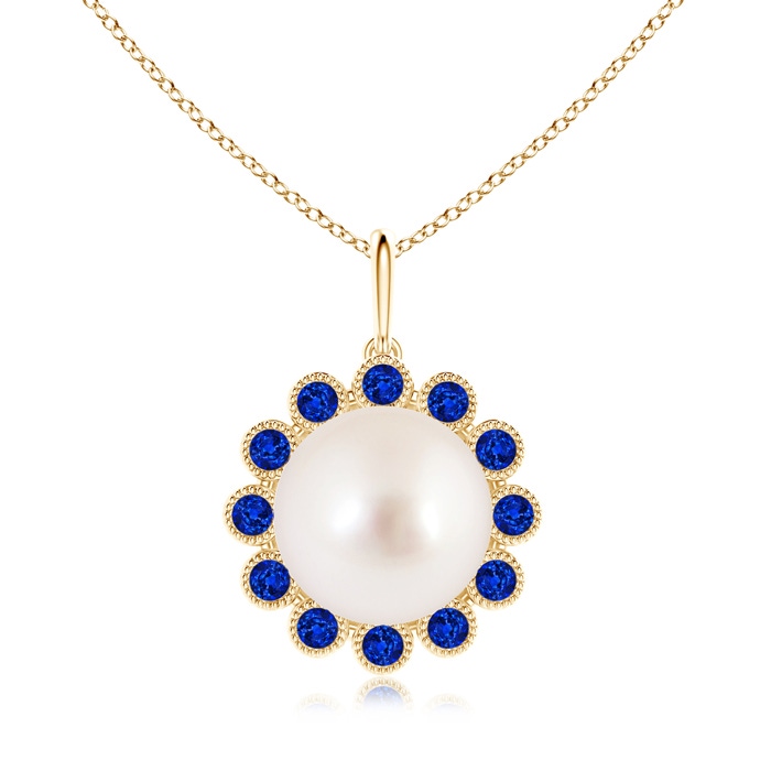 10mm AAAA South Sea Pearl and Sapphire Halo Pendant in Yellow Gold