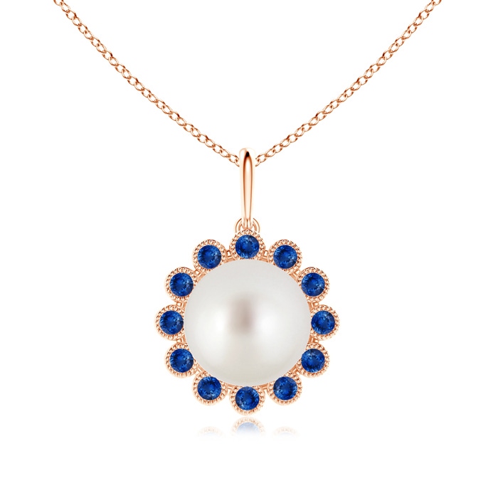 9mm AAA South Sea Pearl and Sapphire Halo Pendant in Rose Gold