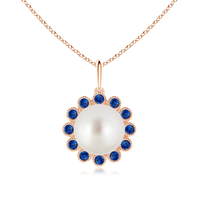 9mm AAA South Sea Pearl and Sapphire Halo Pendant in Rose Gold 