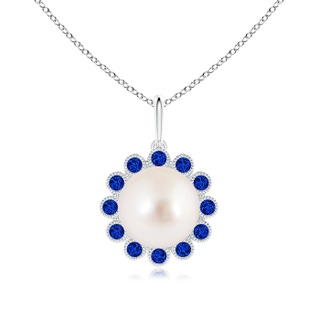 9mm AAAA South Sea Pearl and Sapphire Halo Pendant in S999 Silver