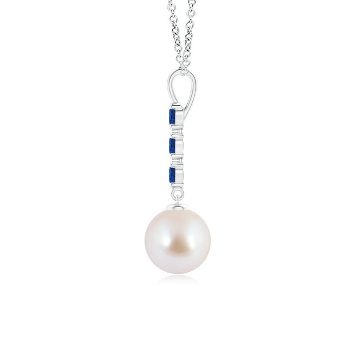 8mm AAA Japanese Akoya Pearl Drop Pendant with Sapphires in White Gold - side 1