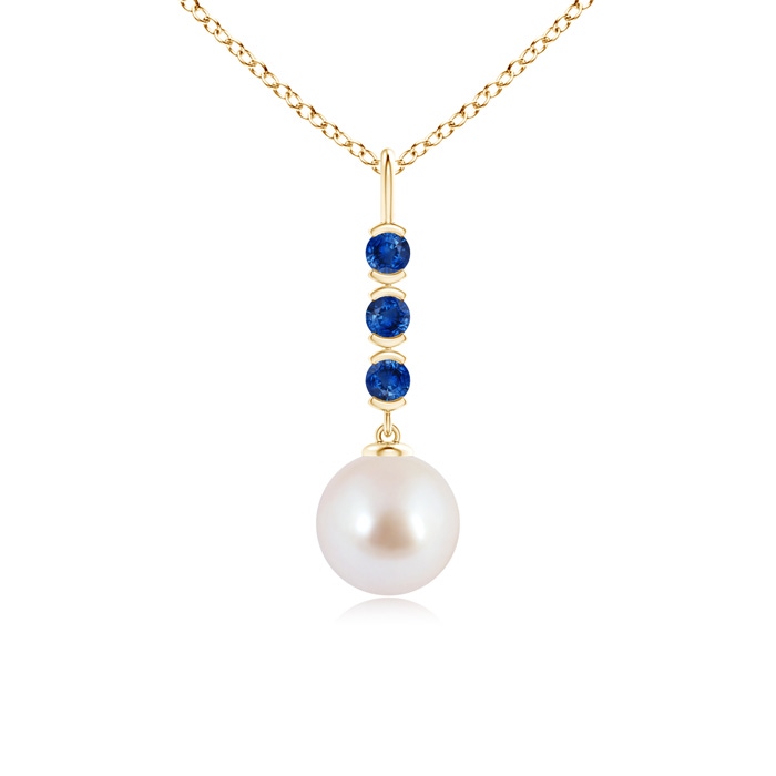 8mm AAA Japanese Akoya Pearl Drop Pendant with Sapphires in Yellow Gold 