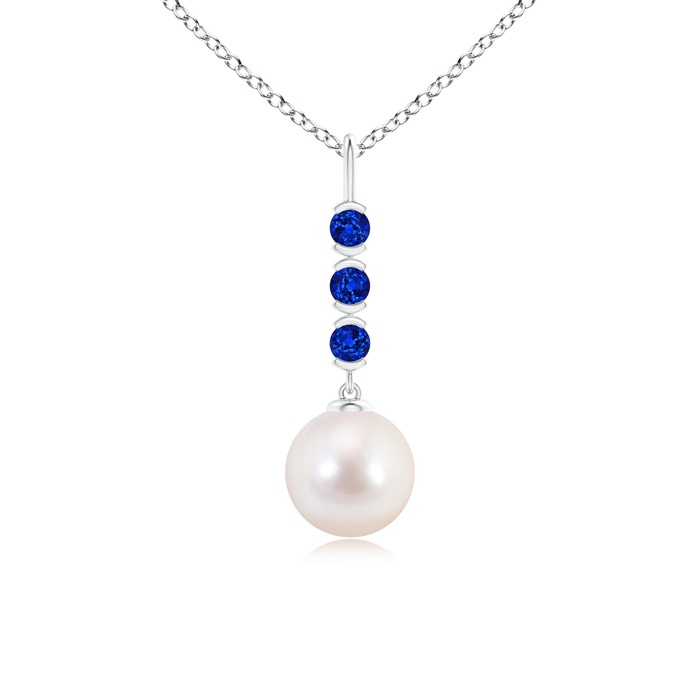 8mm AAAA Japanese Akoya Pearl Drop Pendant with Sapphires in S999 Silver 