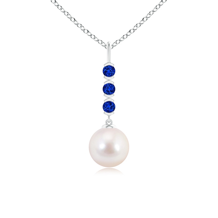 8mm AAAA Japanese Akoya Pearl Drop Pendant with Sapphires in White Gold 