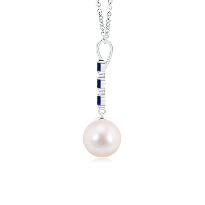 8mm AAAA Japanese Akoya Pearl Drop Pendant with Sapphires in White Gold - side 1