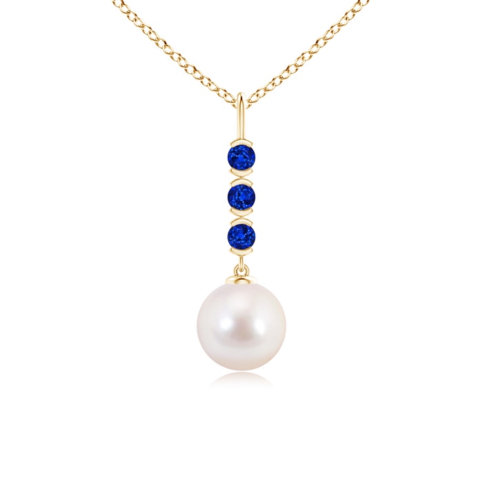 8mm AAAA Japanese Akoya Pearl Drop Pendant with Sapphires in Yellow Gold