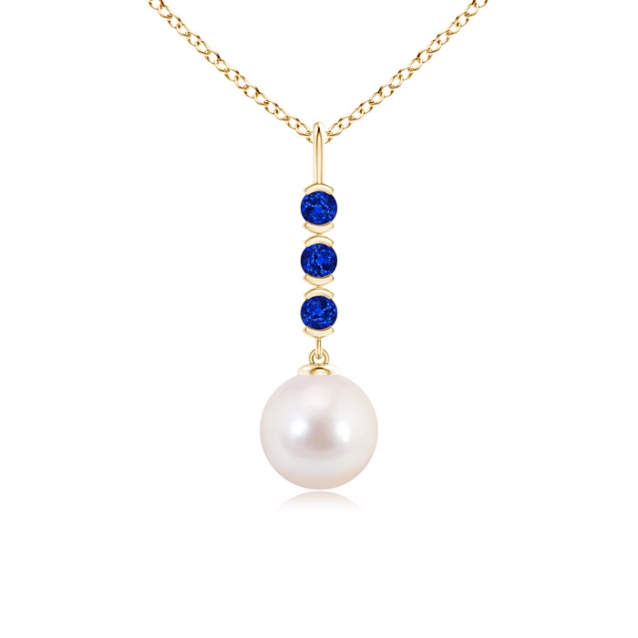 8mm AAAA Japanese Akoya Pearl Drop Pendant with Sapphires in Yellow Gold 