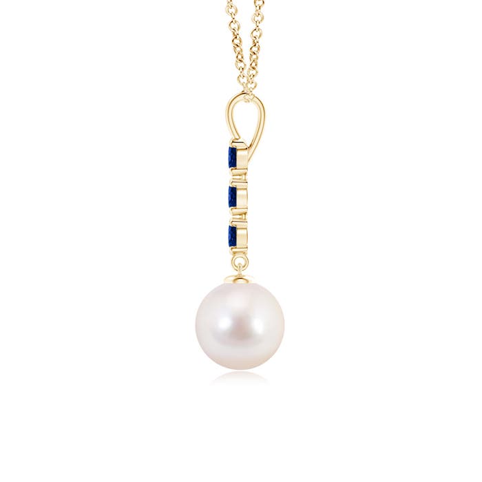 8mm AAAA Japanese Akoya Pearl Drop Pendant with Sapphires in Yellow Gold