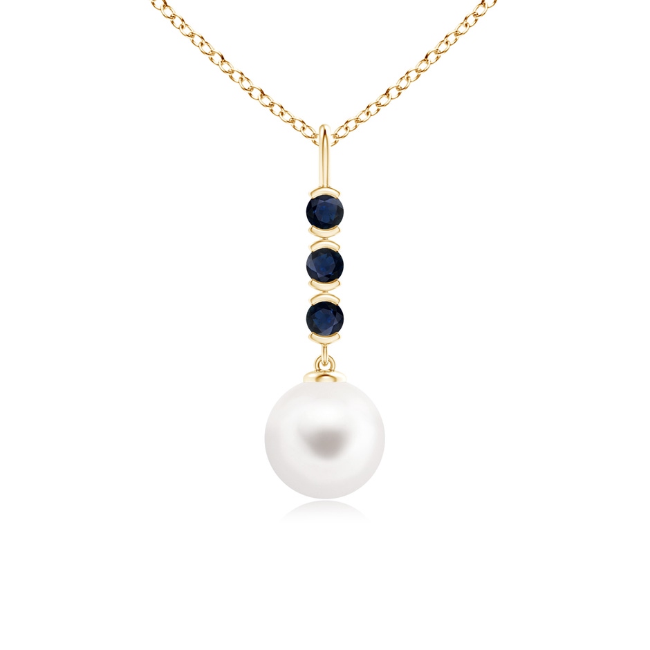 8mm AA Freshwater Cultured Pearl Drop Pendant with Sapphires in Yellow Gold 