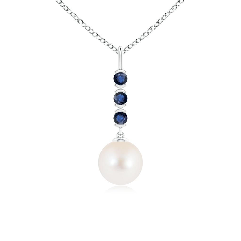 8mm AAA Freshwater Cultured Pearl Drop Pendant with Sapphires in White Gold