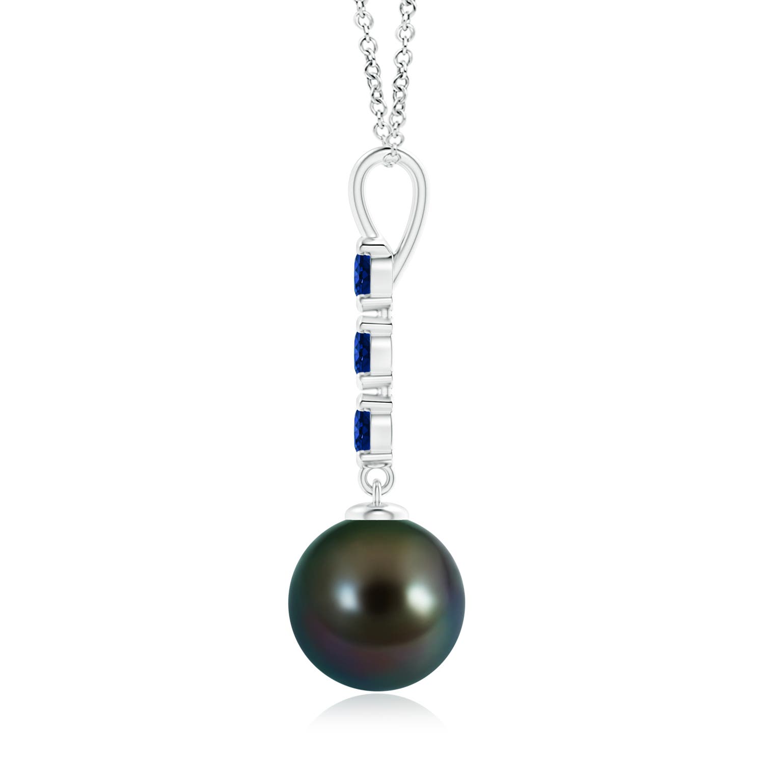 10mm AAAA Tahitian Pearl Drop Pendant with Sapphires in White Gold - side 1