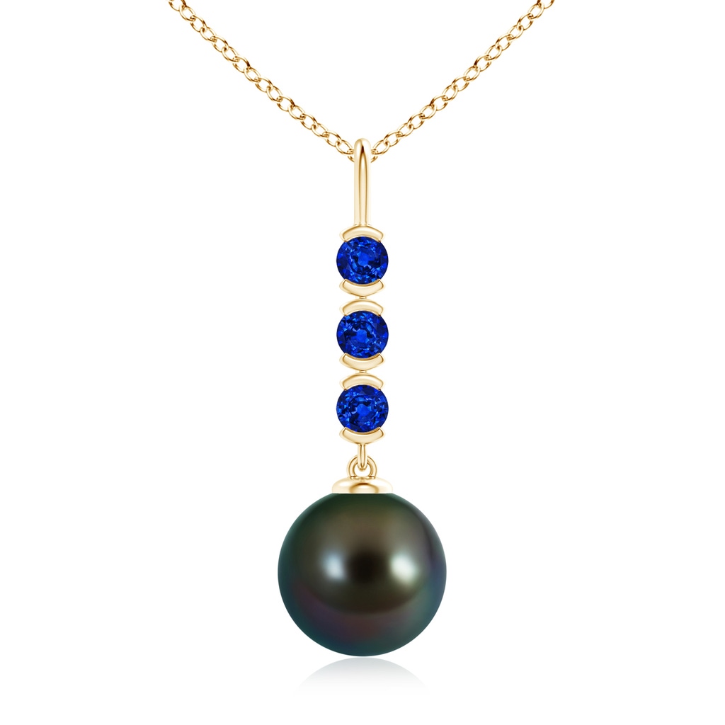 10mm AAAA Tahitian Pearl Drop Pendant with Sapphires in Yellow Gold