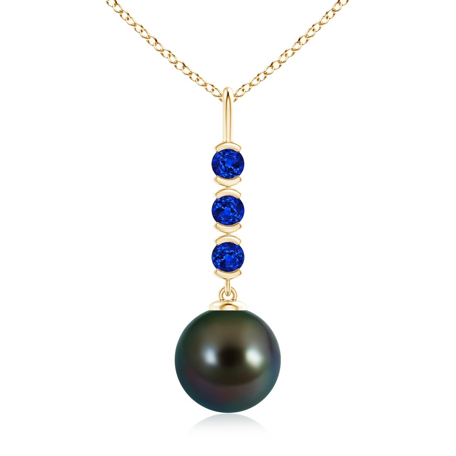 10mm AAAA Tahitian Pearl Drop Pendant with Sapphires in Yellow Gold 