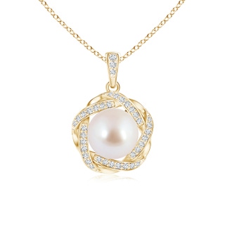 8mm AAA Akoya Cultured Pearl Pendant with Braided Diamond Halo in Yellow Gold