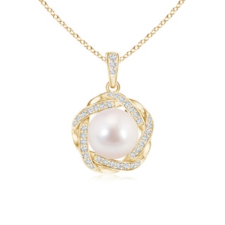 8mm AAAA Akoya Cultured Pearl Pendant with Braided Diamond Halo in Yellow Gold