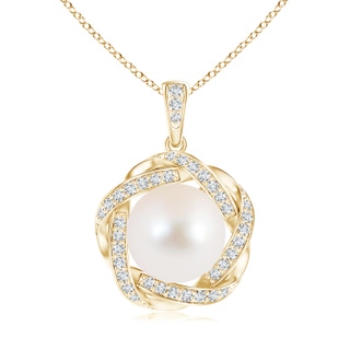 10mm AAA Freshwater Cultured Pearl Pendant with Braided Diamond Halo in Yellow Gold