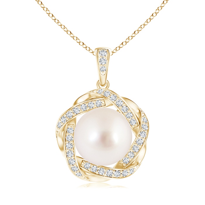 10mm AAAA South Sea Pearl Pendant with Braided Diamond Halo in Yellow Gold