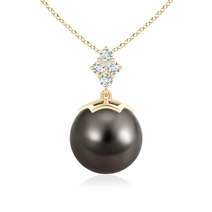 11mm AAA Tahitian Pearl Pendant with Diamond Cluster in Yellow Gold