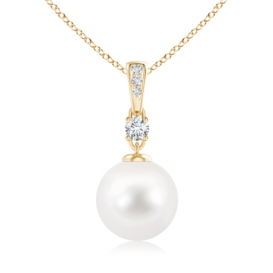 10mm AA Freshwater Pearl Pendant Necklace with Diamonds in Yellow Gold 