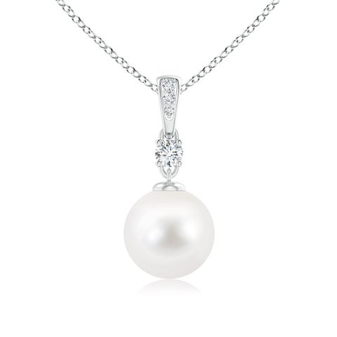 9mm AA Freshwater Pearl Pendant Necklace with Diamonds in S999 Silver