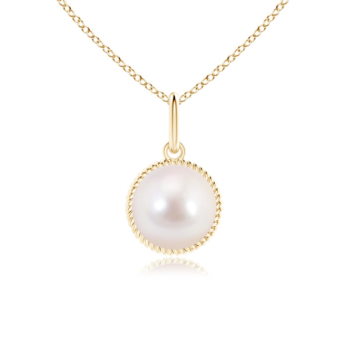 8mm AAAA Solitaire Akoya Cultured Pearl Pendant with Twisted Rope in Yellow Gold