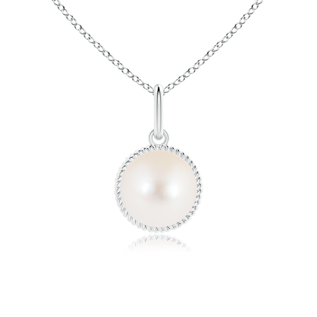 8mm AAA Solitaire Freshwater Pearl Pendant with Twisted Rope in White Gold