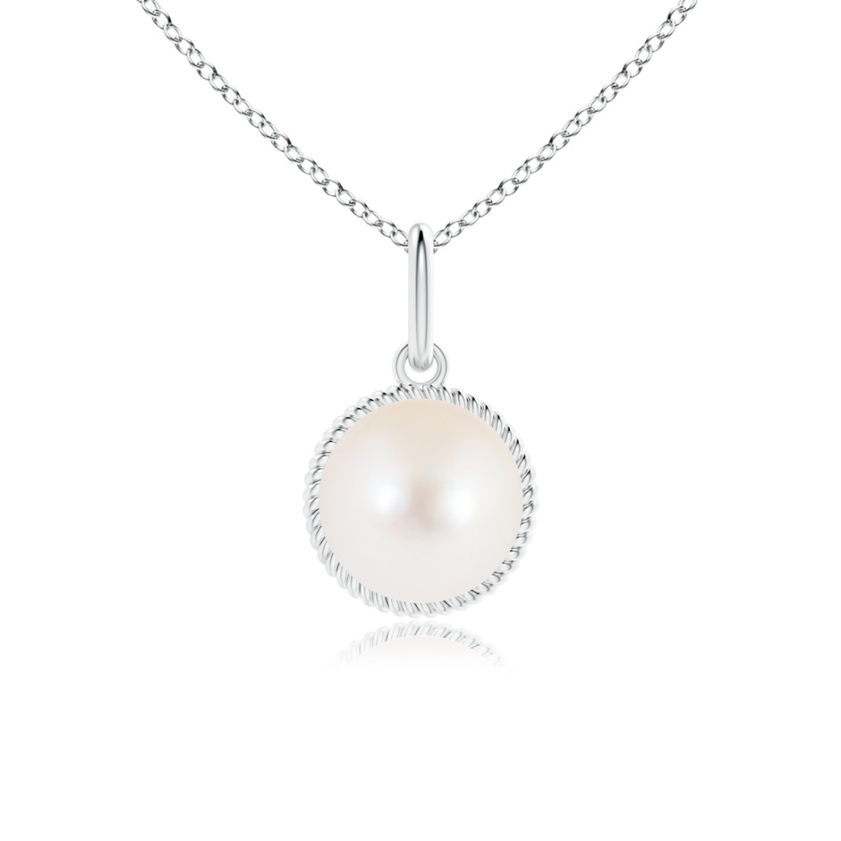 8mm AAA Solitaire Freshwater Pearl Pendant with Twisted Rope in White Gold 