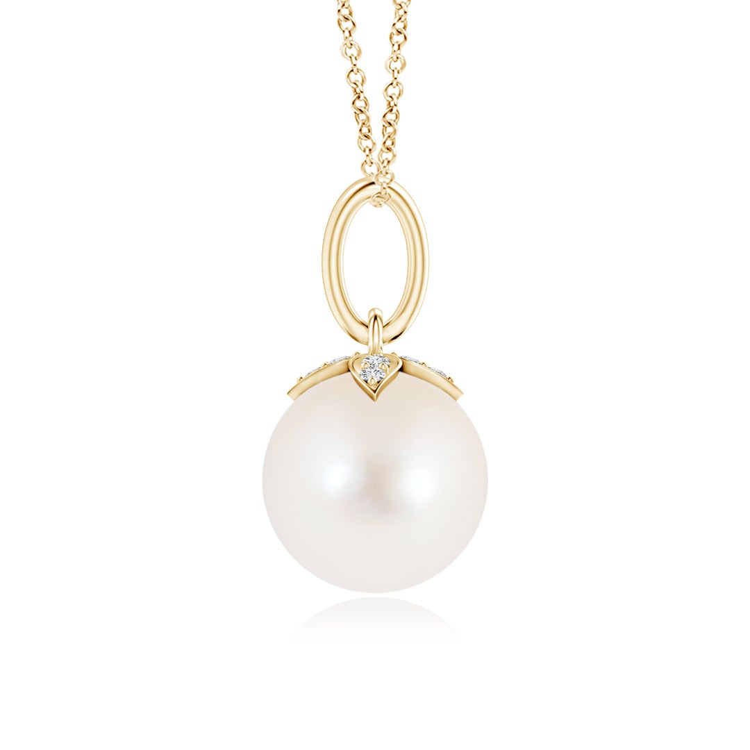 8mm AAA Freshwater Pearl Drop Pendant with Diamonds in Yellow Gold - side 1