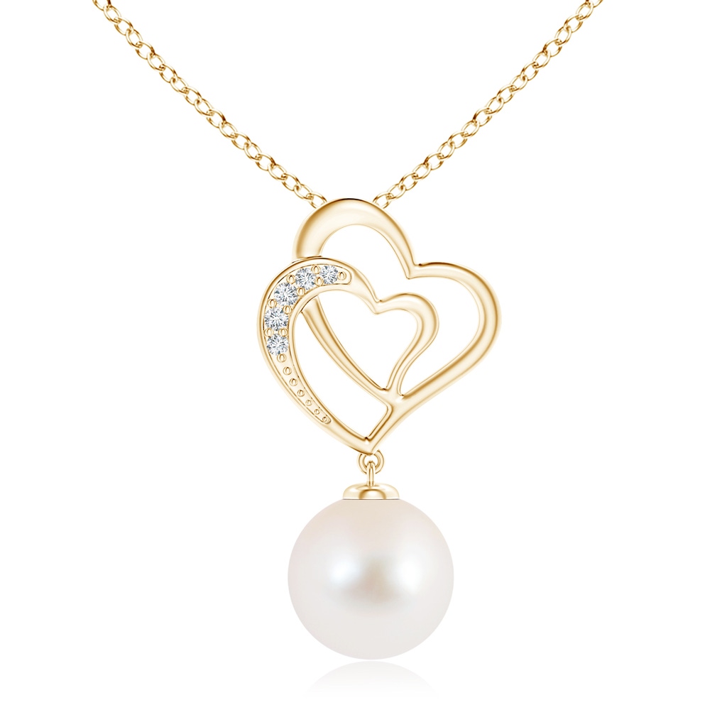 10mm AAA Freshwater Pearl Entwined Heart Pendant in Yellow Gold