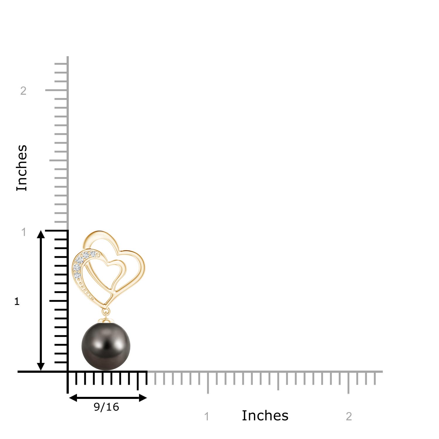 9mm AAA Tahitian Pearl Entwined Heart Pendant in Yellow Gold - ruler