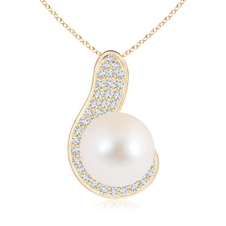 10mm AAA Freshwater Cultured Pearl Pendant with Diamond Swirl in Yellow Gold
