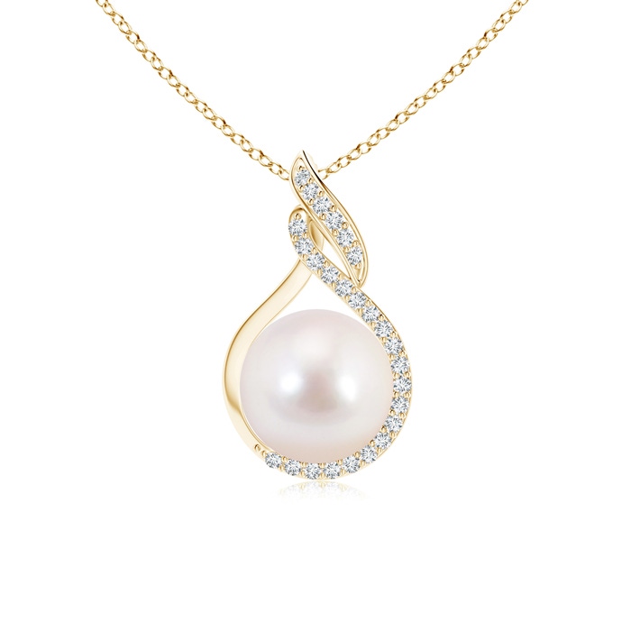 8mm AAAA Japanese Akoya Pearl Swirl Pendant with Diamonds in Yellow Gold