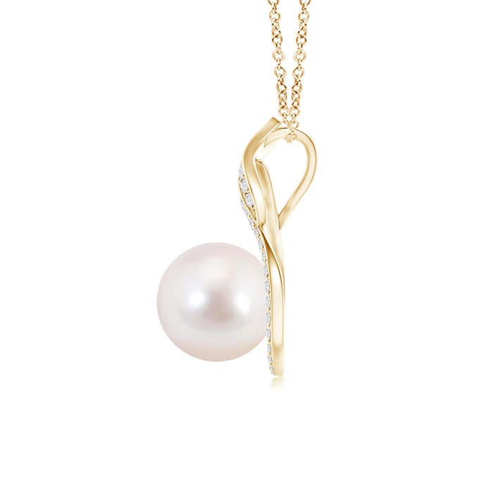 8mm AAAA Japanese Akoya Pearl Swirl Pendant with Diamonds in Yellow Gold