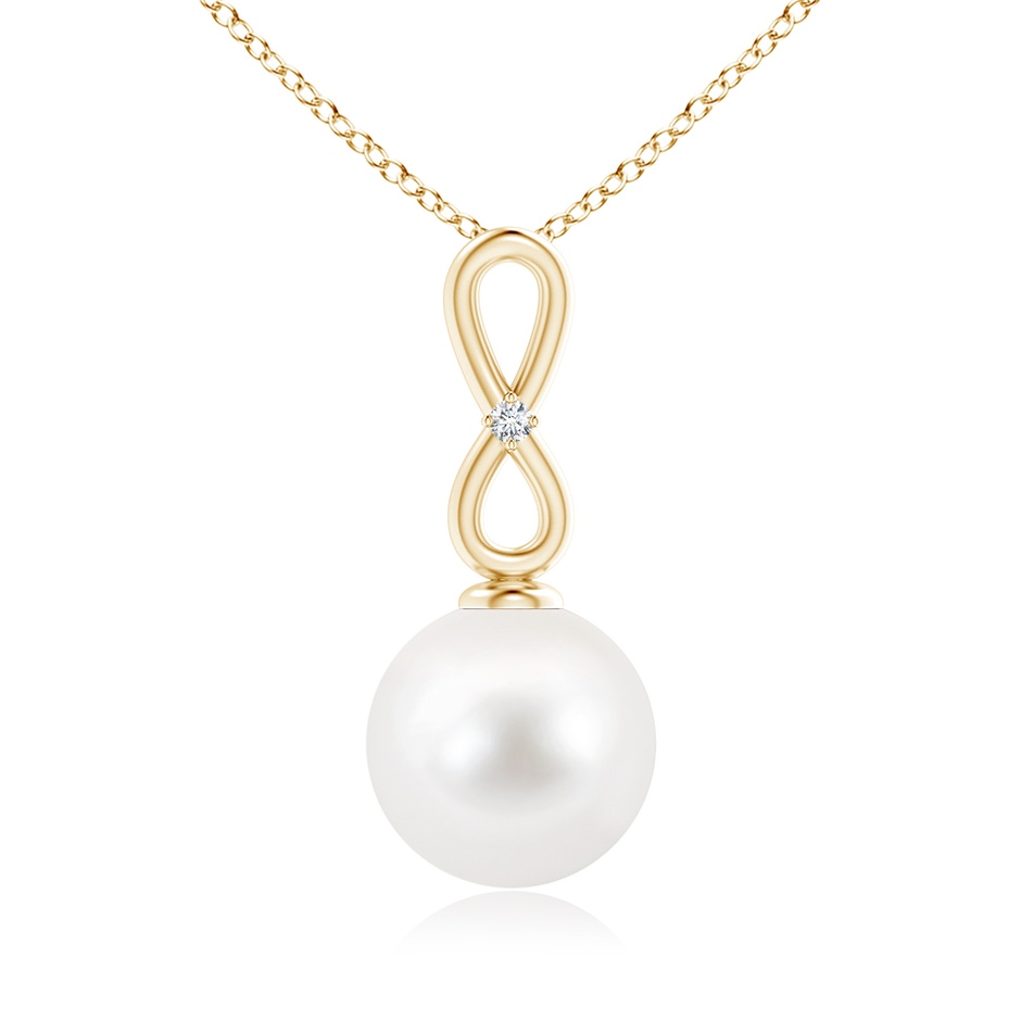 10mm AA Freshwater Pearl Infinity Loop Pendant with Diamond in Yellow Gold 
