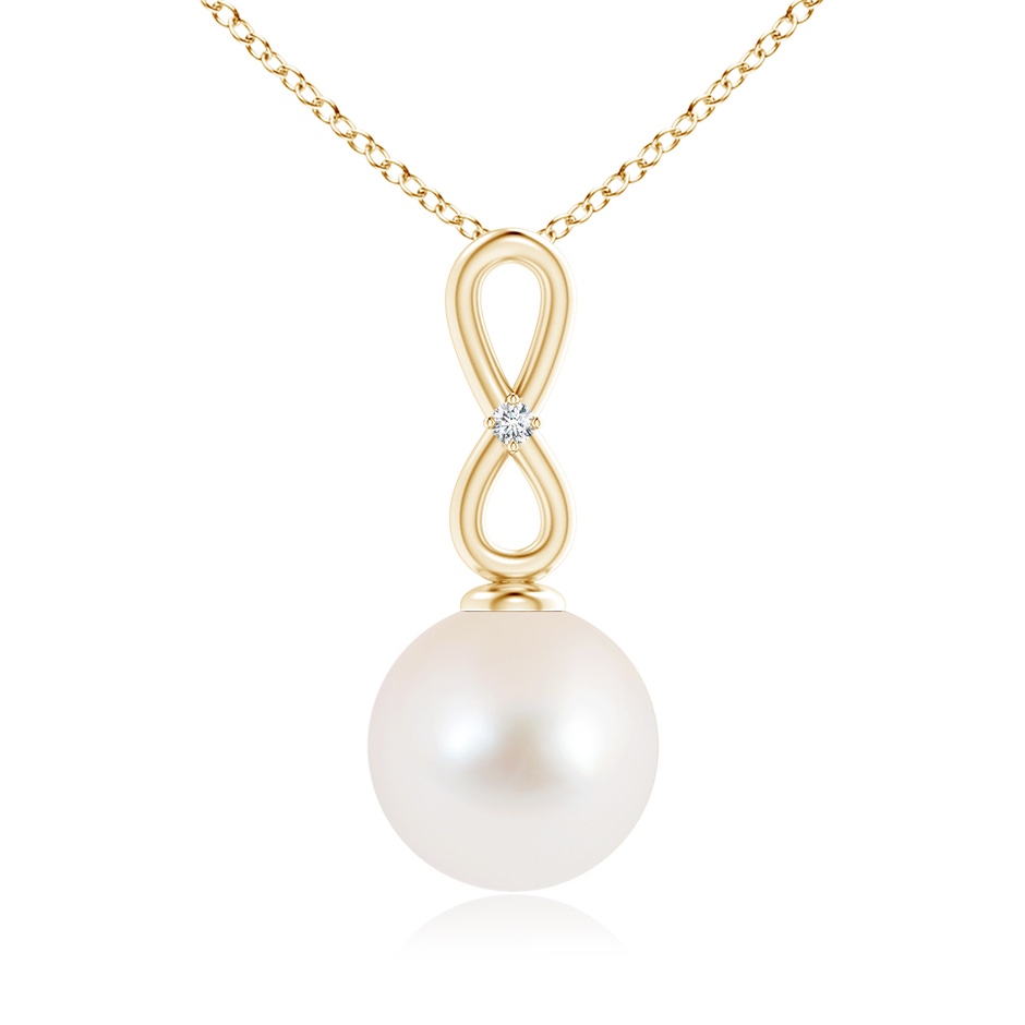10mm AAA Freshwater Pearl Infinity Loop Pendant with Diamond in Yellow Gold 